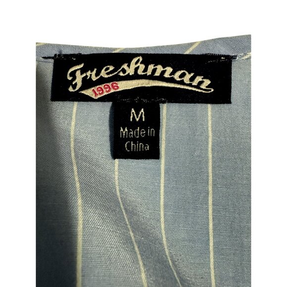 Freshman Crossover Asymmetric Ruffle Cotton Top Blue White Pinstripe LS Sz M - Picture 5 of 6